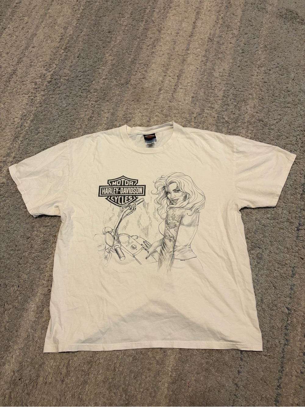 Harley Davidson T Shirt Mens XL White Pencil Sketch Pinup Biker Girl Mancuso Hou